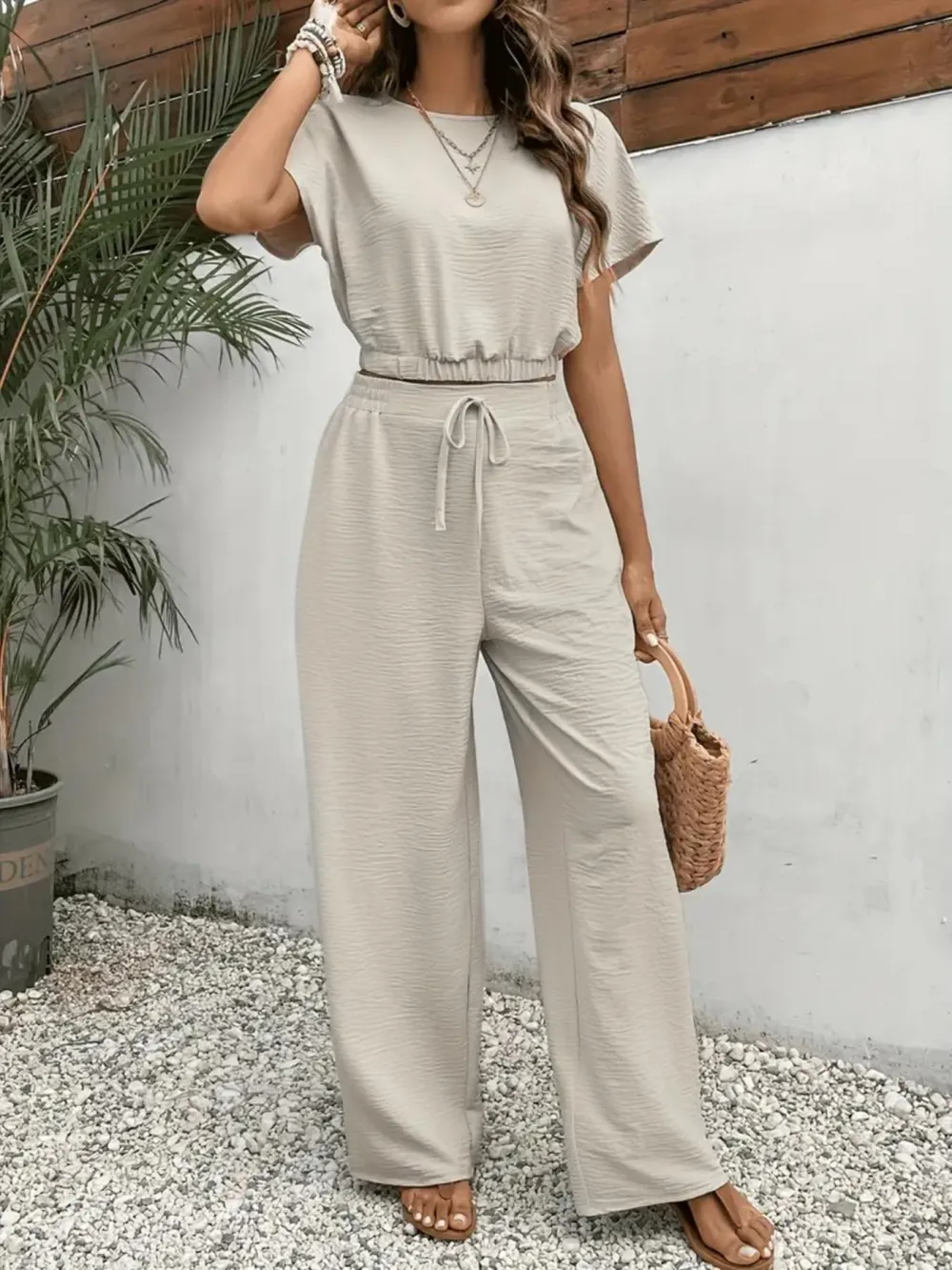 Women's Solid Color Fitted Top & Wide Leg Pants Two-piece Set, Casual Round Neck Top & Drawstring Waist Trousers for Summer
