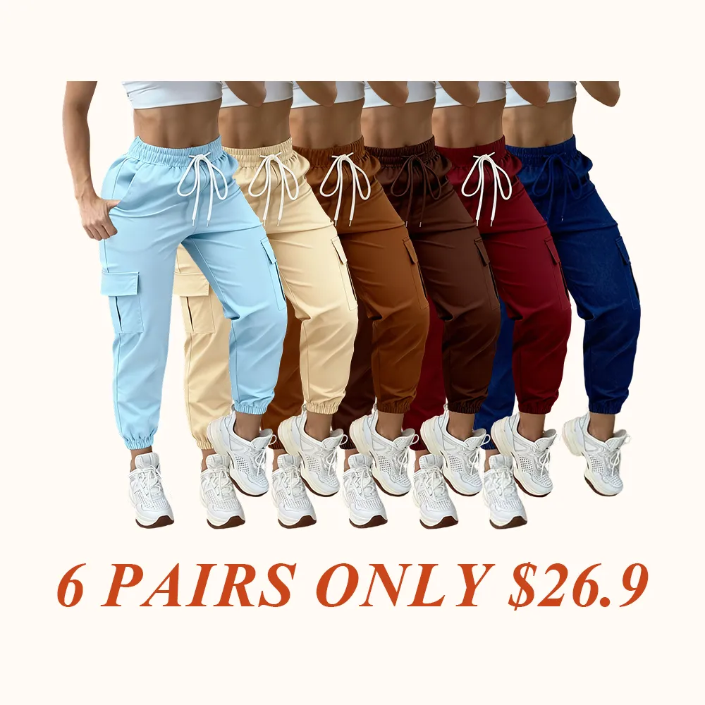 Women's Plain Drawstring Waist Cargo Pants, Casual Pocket Trousers for Daily Wear, Ladies Bottoms for All Seasons