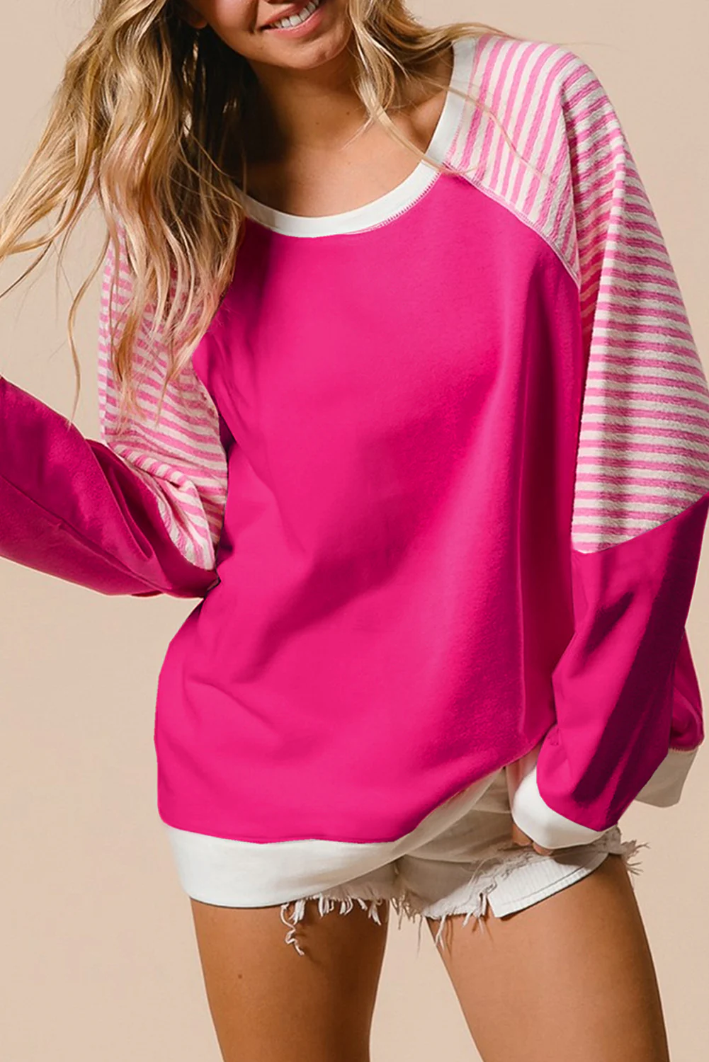 Strawberry Striped Patchwork Crew Neck Raglan Sleeve Top