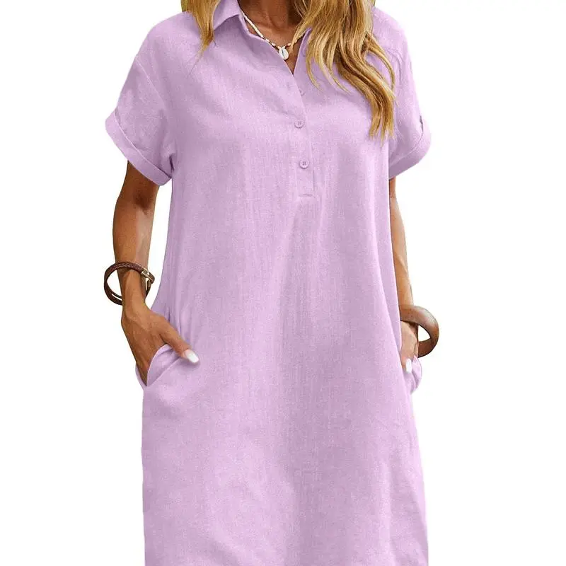 Womens Cotton Shirt Dress Summer Casual Short Sleeve Button Down Beach Cover Up Shirts with Pockets