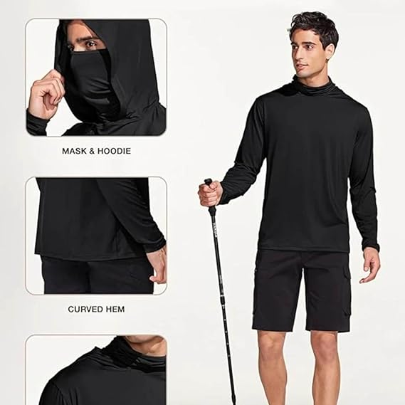 Long Sleeve Sun Shirt Men UPF 50+ Rash Guard Cooling Fishing Hoodies with Mask Casual Summer UV SPF Hiking Blouses