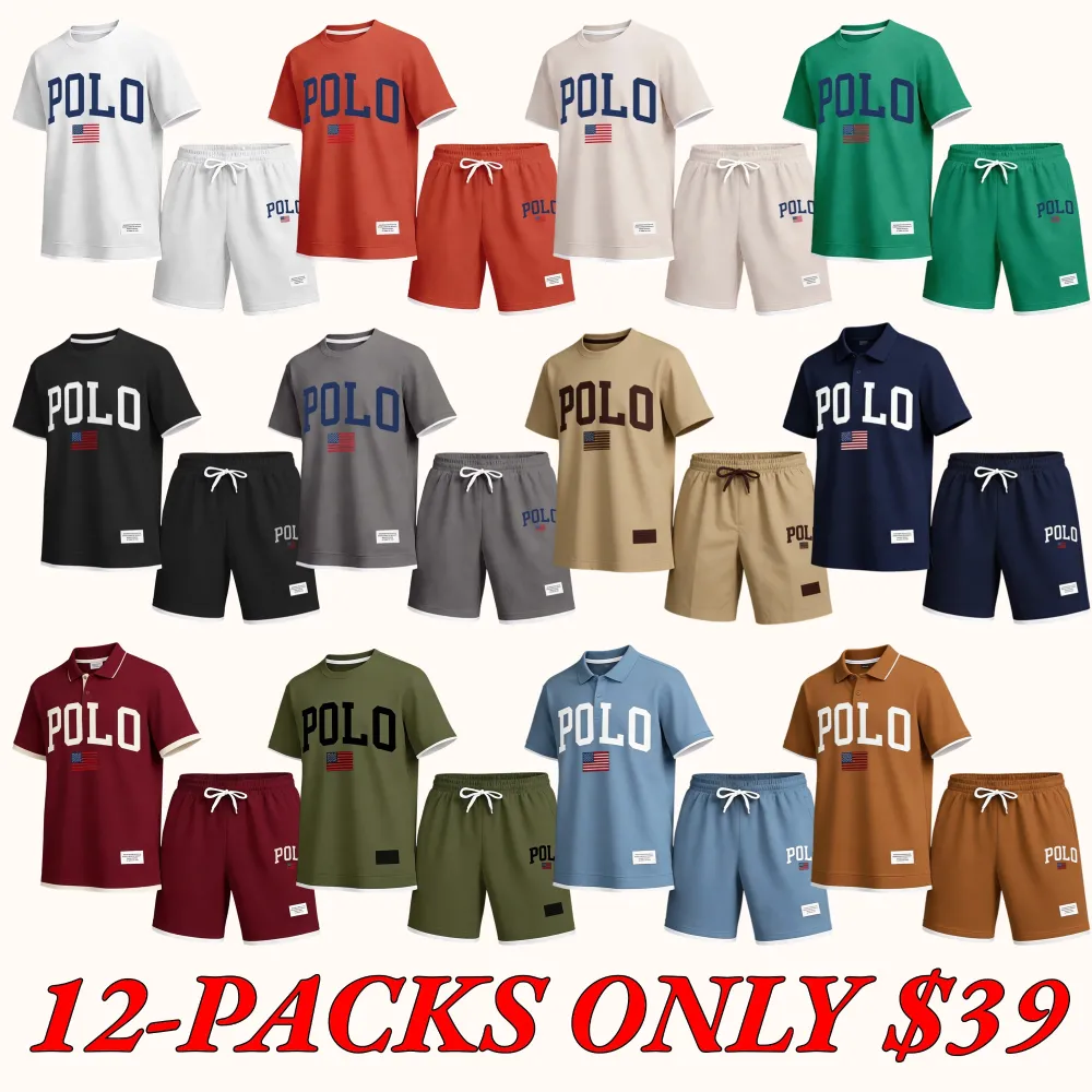 Men's Spring/Summer Printed Polo Shirt and Drawstring Shorts Set