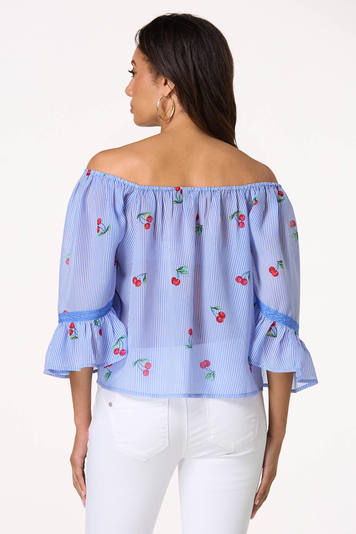 Stripe Cherry Off Shoulder Top