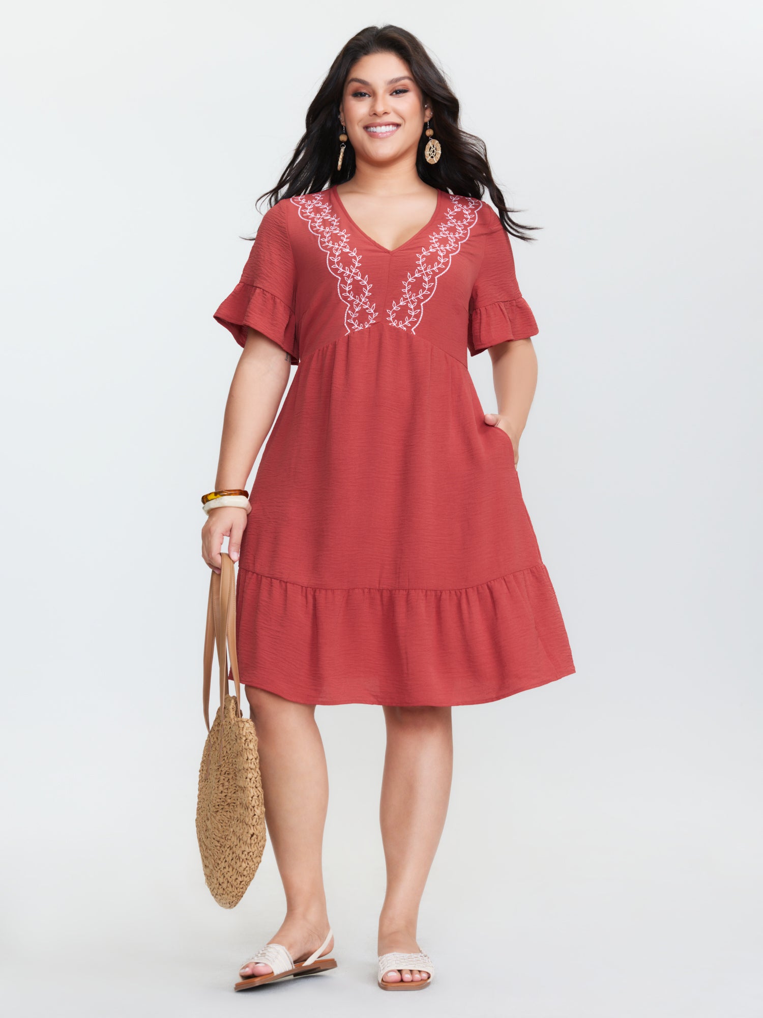 Floral Embroidery V-Neck Tiered Mini Dress