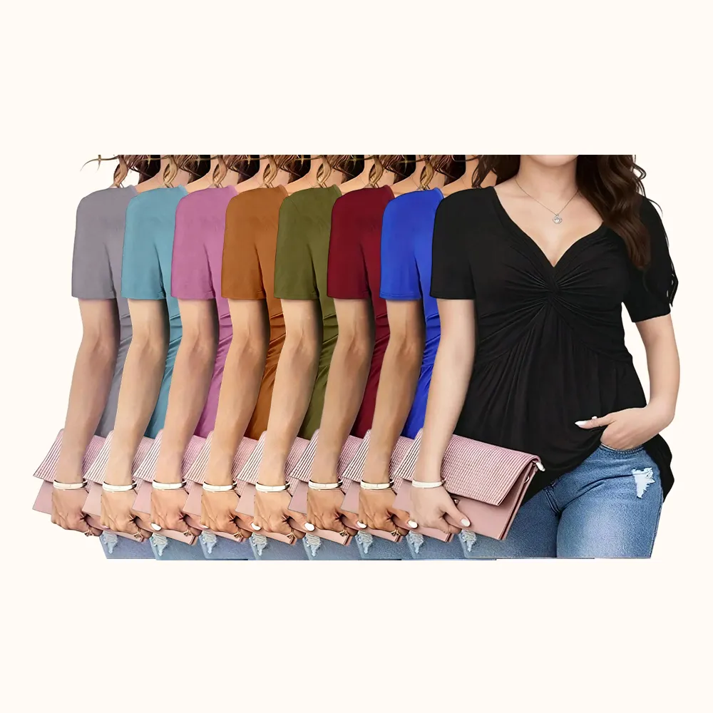 Solid Twist Front V Neck Tee, Elegant Casual Short Sleeve T-shirt for Summer, Casual Fashionable Top