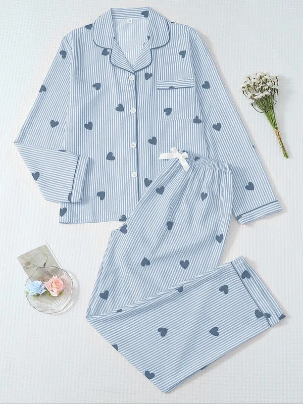 Women's Striped Bow Print Long Sleeve Pajama Set
