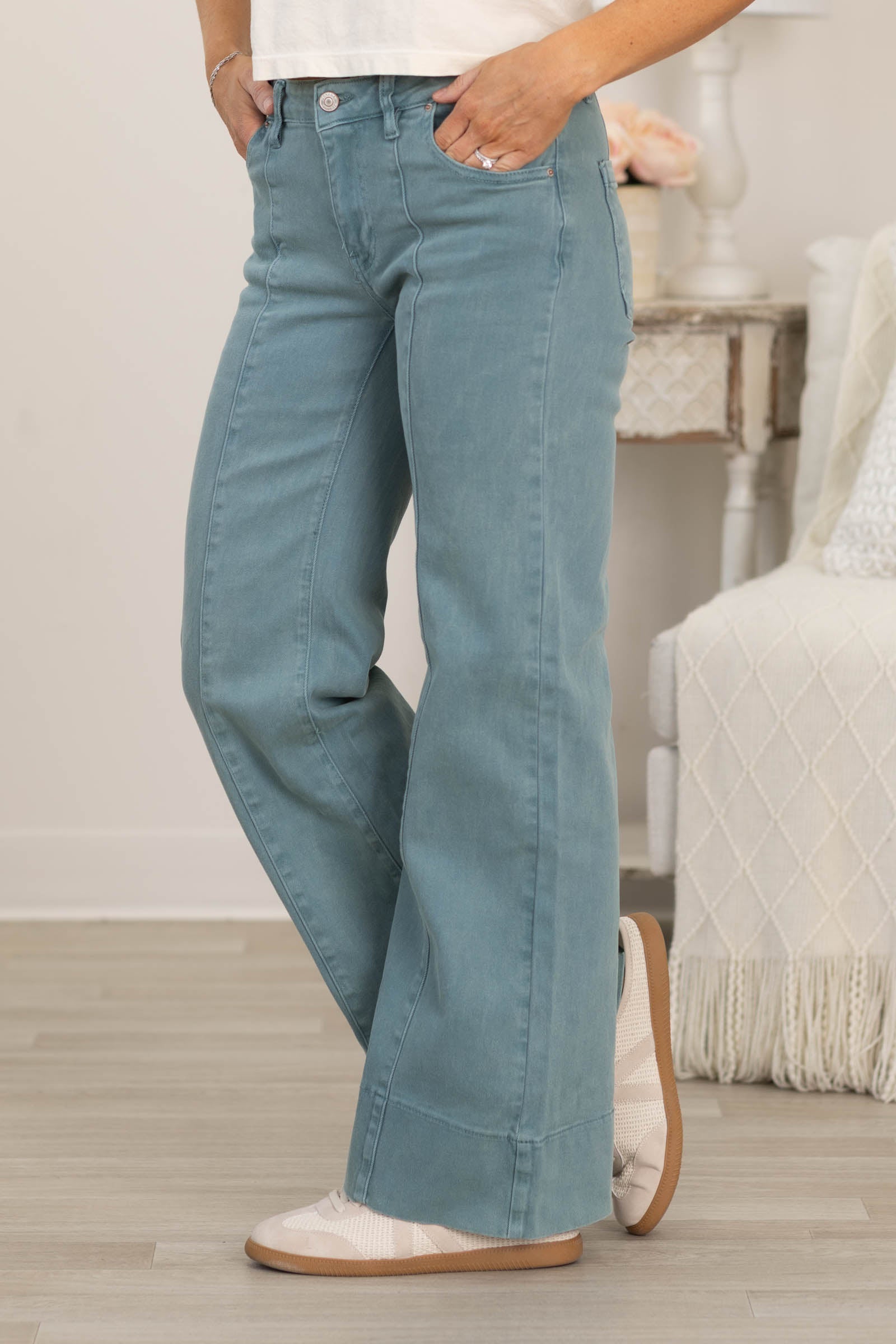 Mid Rise Wide Leg Color Denim Pants