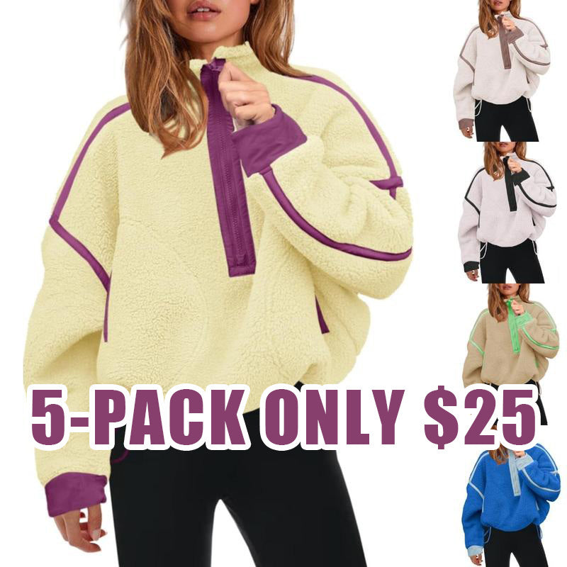Women's Half Zip Sherpa Fleece Pullover – Color Block Oversized Cozy Sweatshirt with Pockets