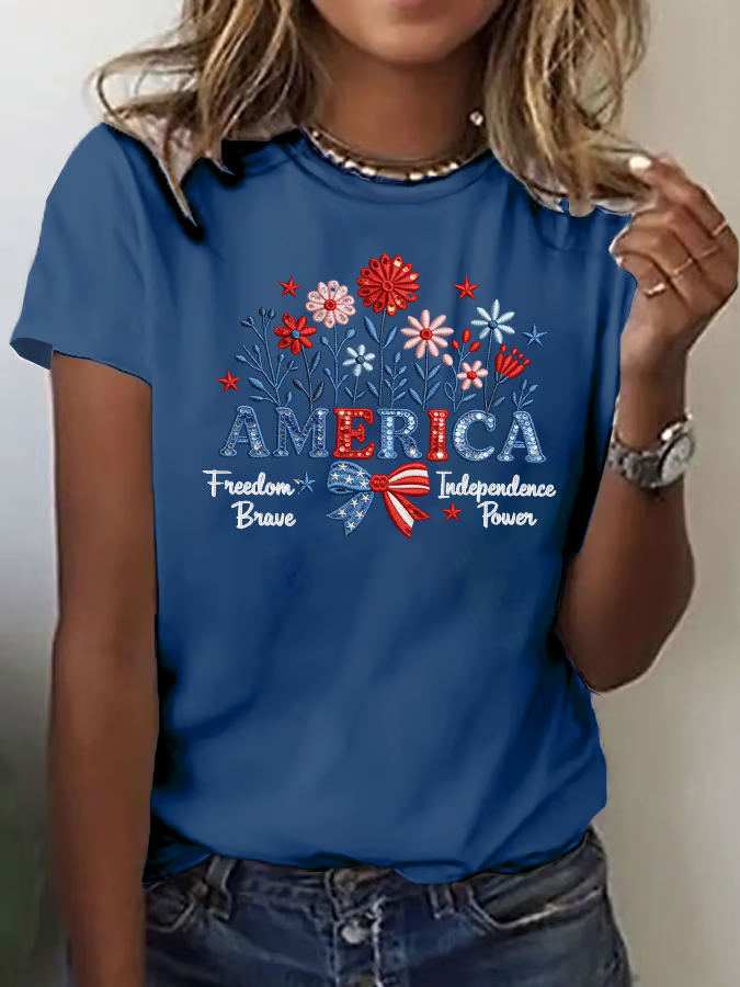 America Freedom Floral Graphic Tee with Patriotic Bow