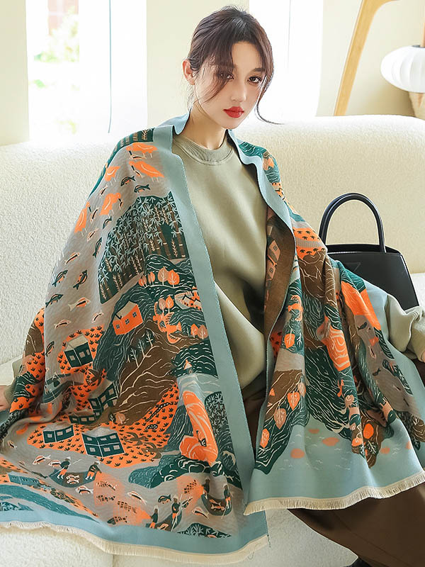 Vintage Printed Tasseled Shawl&Scarf