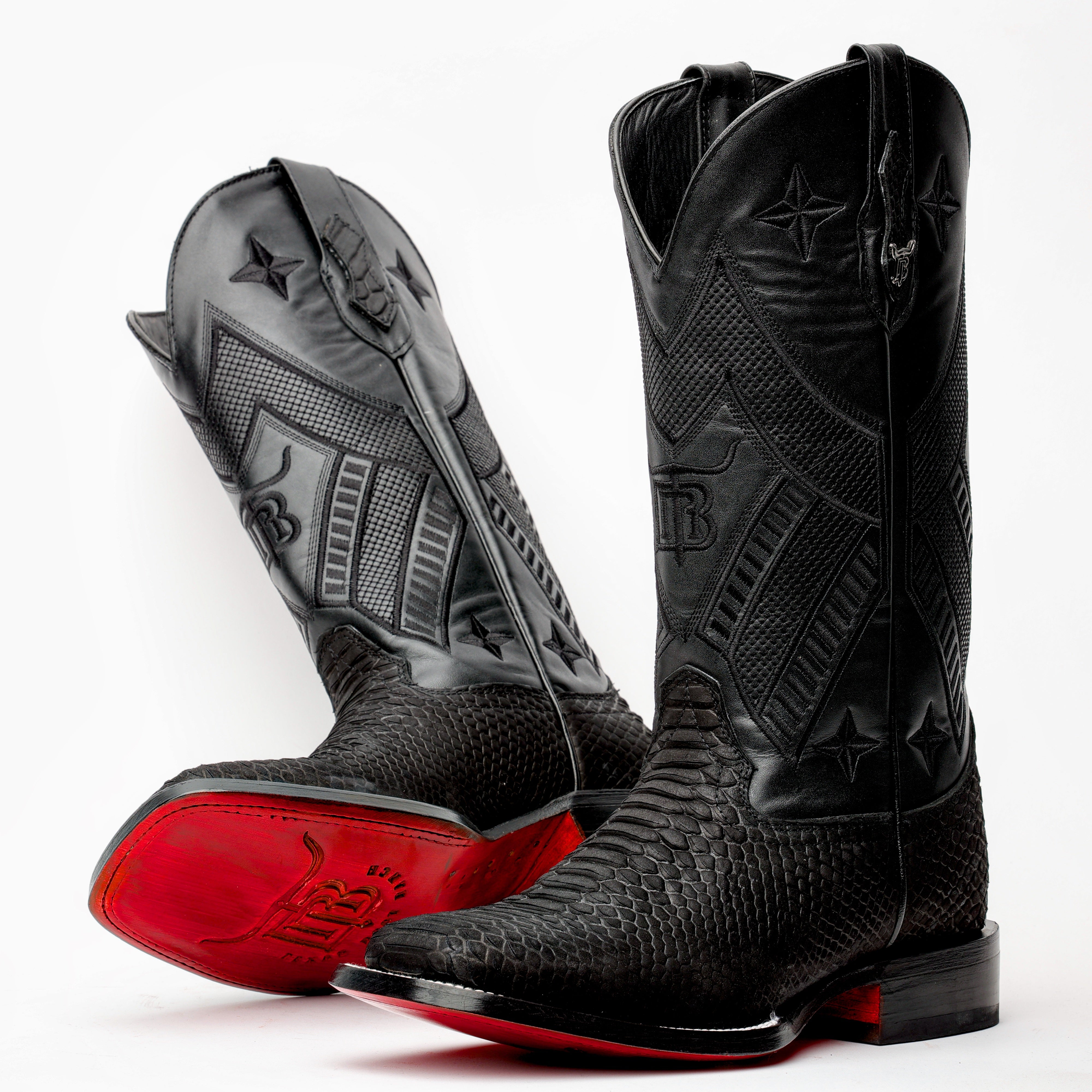 Matte Black Python Leather Boots - Square Toe