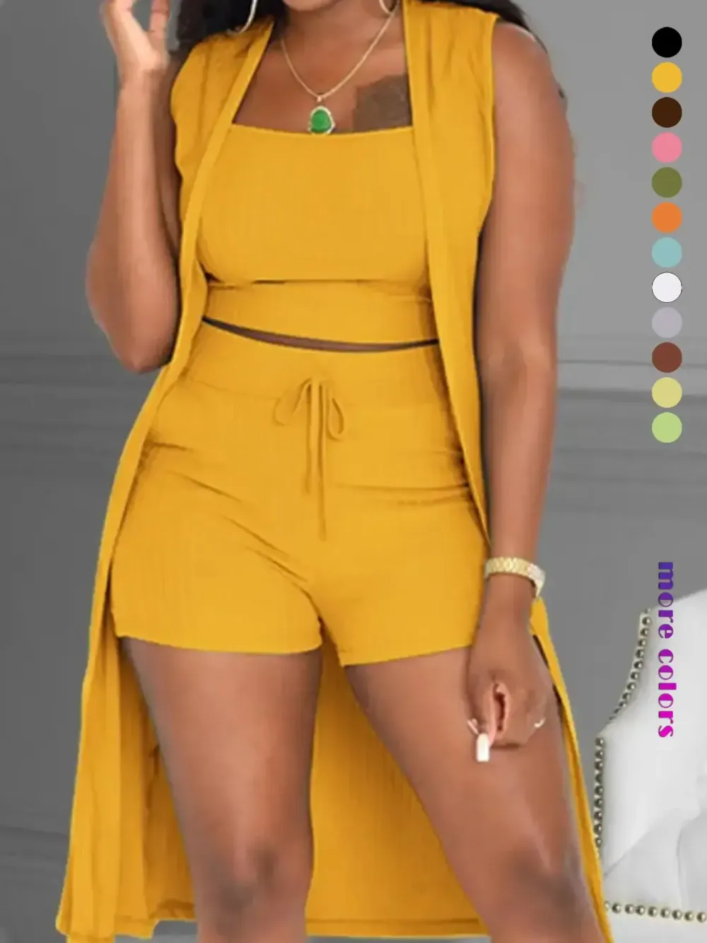 Three-Piece Set Women's Solid Ribbed Co-ord Set, Casual Crop Tank Top & Drawstring Waist Shorts & Vest Coat Set for Daily Wear