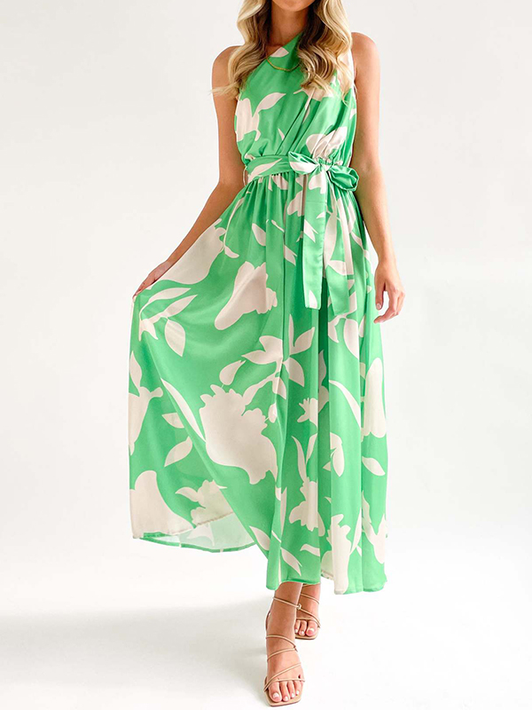 Bandage Contrast Color Hollow Printed Loose Sleeveless One-Shoulder Midi Dresses