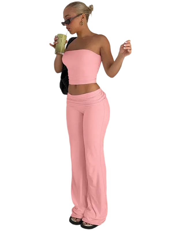 Two-Piece Set Women's Solid Crop Tube Top & Foldover Waist Flare Leg Pants