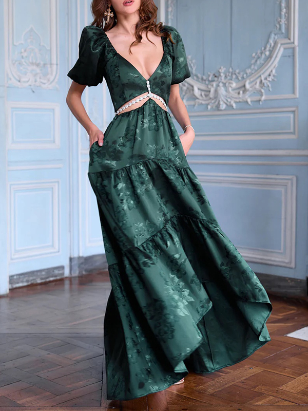 Flower Jacquard Puffled Sleeves Short Sleeve Satin Maxi Dress