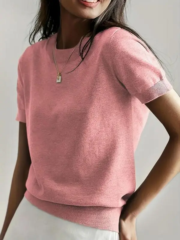 Women's Solid Color Crew Neck Short Sleeve Pullover