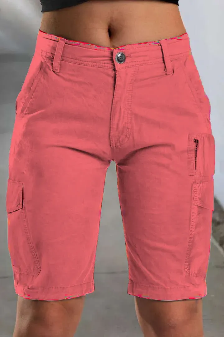 Solid Multi Pocket Mid Rise Bermuda Cargo Shorts
