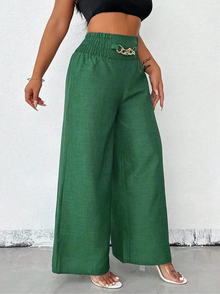 Women's Solid Color High-Waisted Pants, Stretchable Loose-Fitting Wide-Leg Trousers