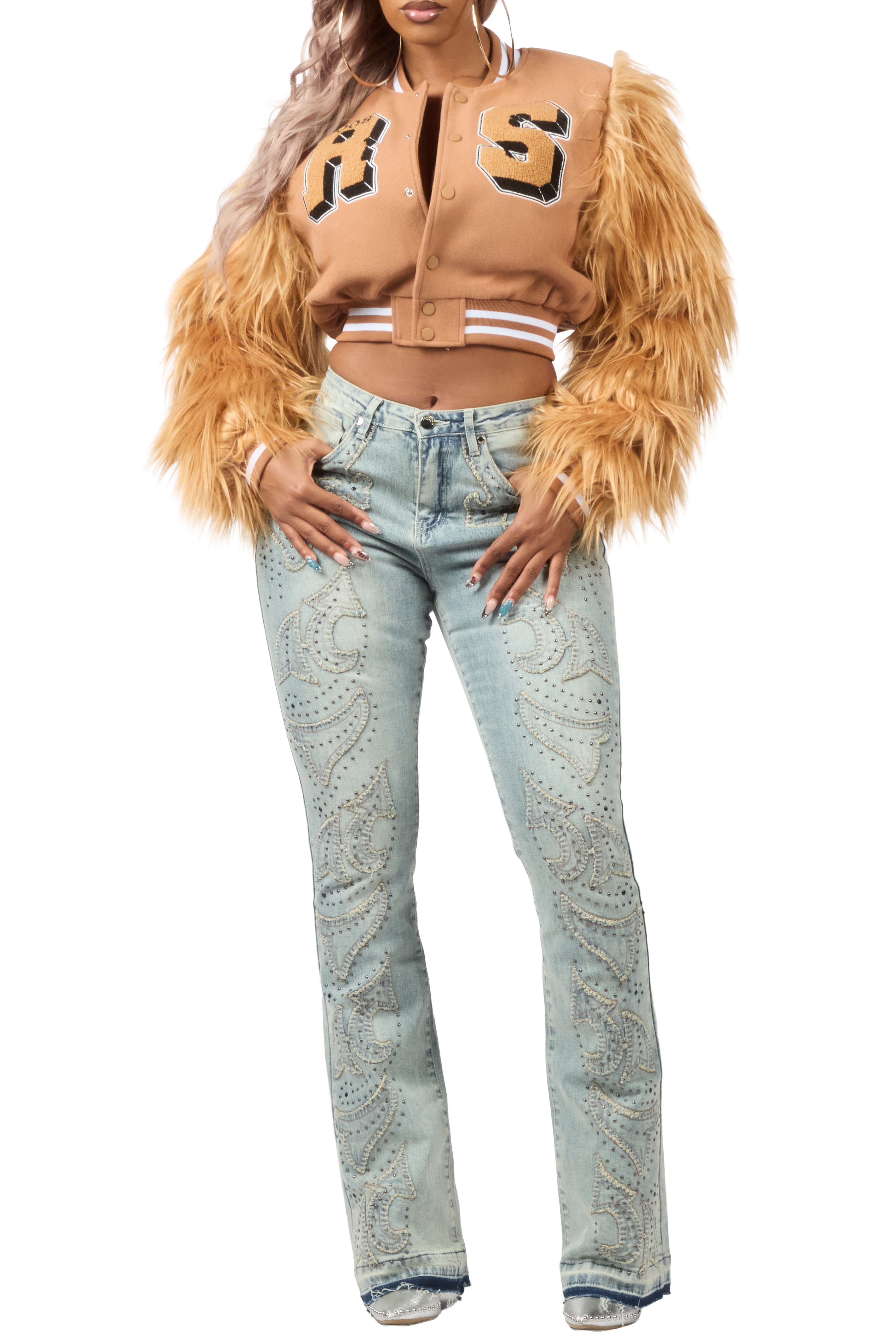 Jameicia Mocha Fur Sleeve Varsity Jacket