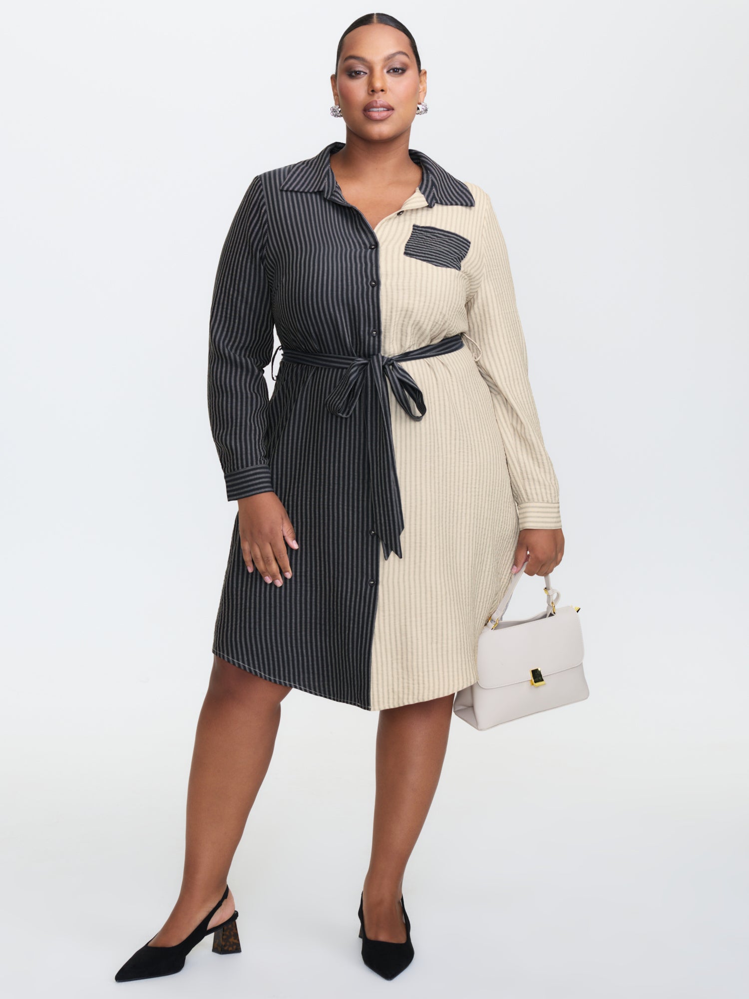 Colorblock Belted Waist Midi Shirt Dress