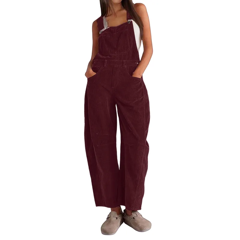 Women Barrel Wide Leg Bib Corduroy Pants
