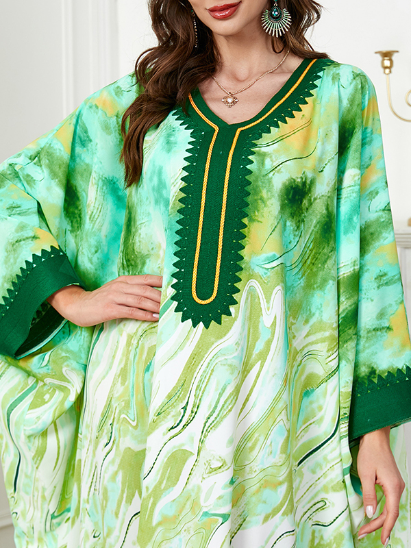 Contrast Color Muslim Printed Split-Joint Batwing Sleeves Loose V-Neck Muslim Abaya Maxi Dresses