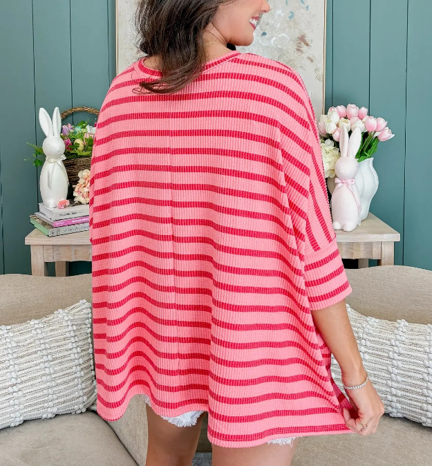 Women’s Spring Striped Raised Rib 3/4 Sleeve Top