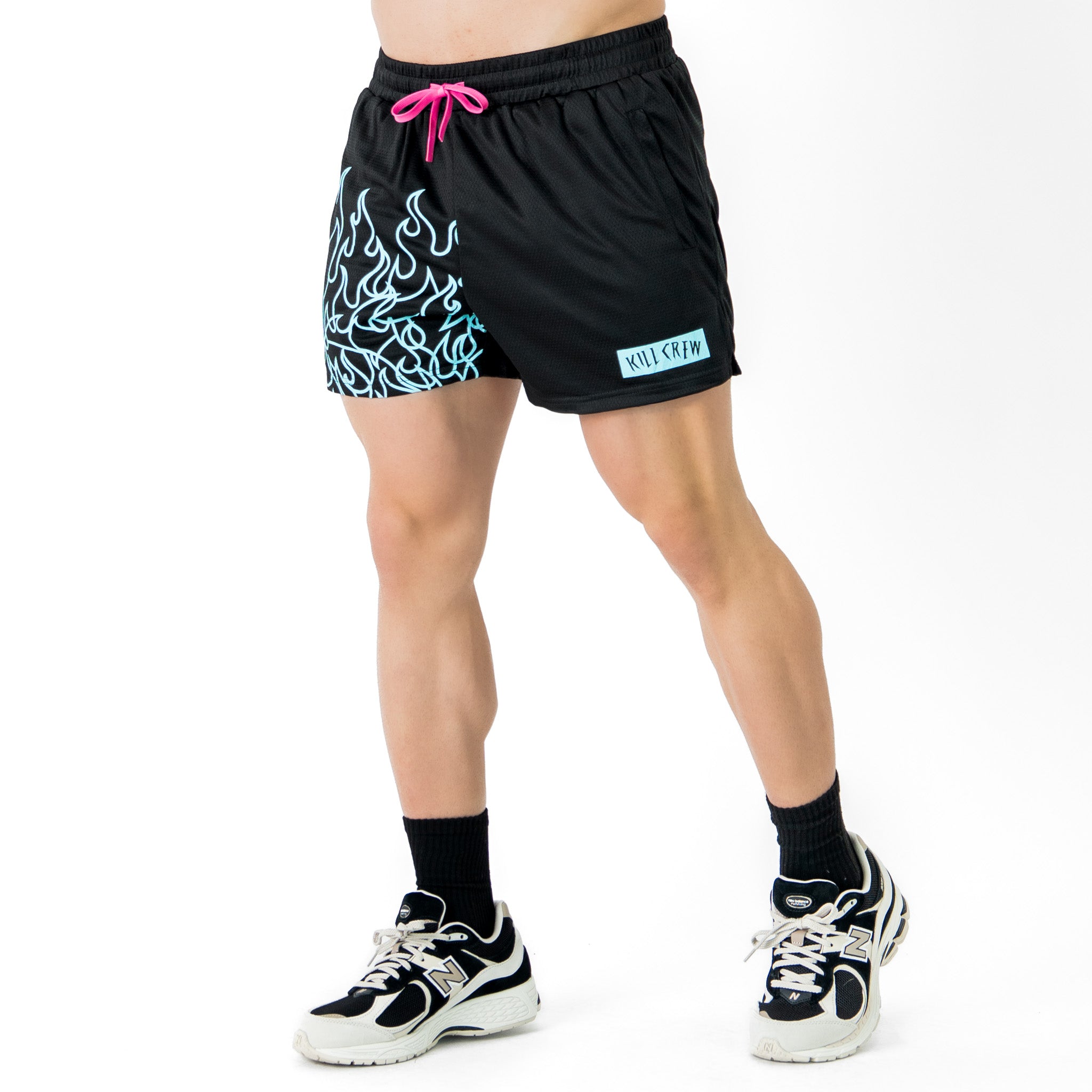 MUAY THAI FLAME SHORTS (MID THIGH CUT) - BLACK / TEAL