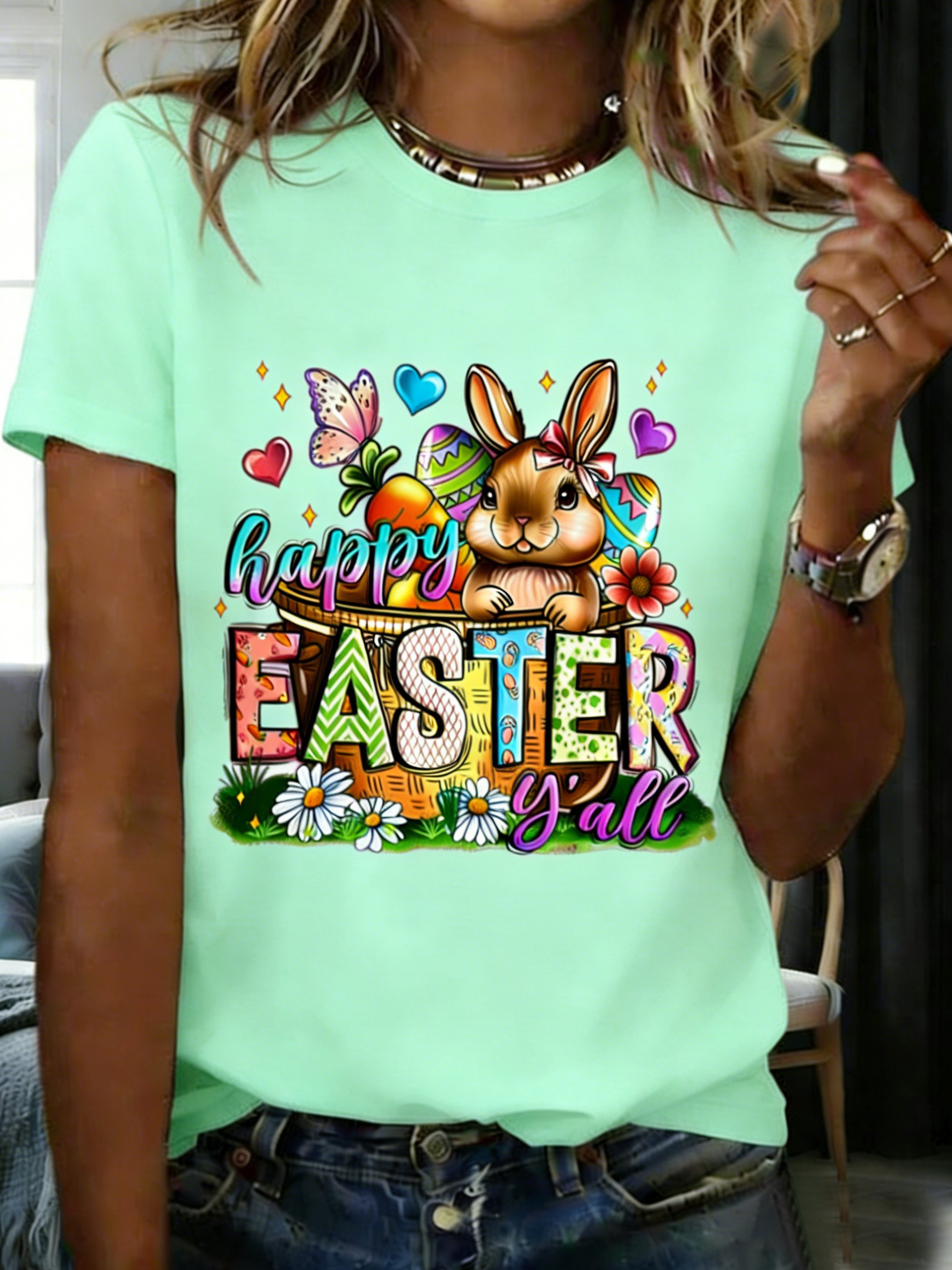 3D Printing Short Sleeve Round Neck Easter Rabbit Summer Casual T-Shirt