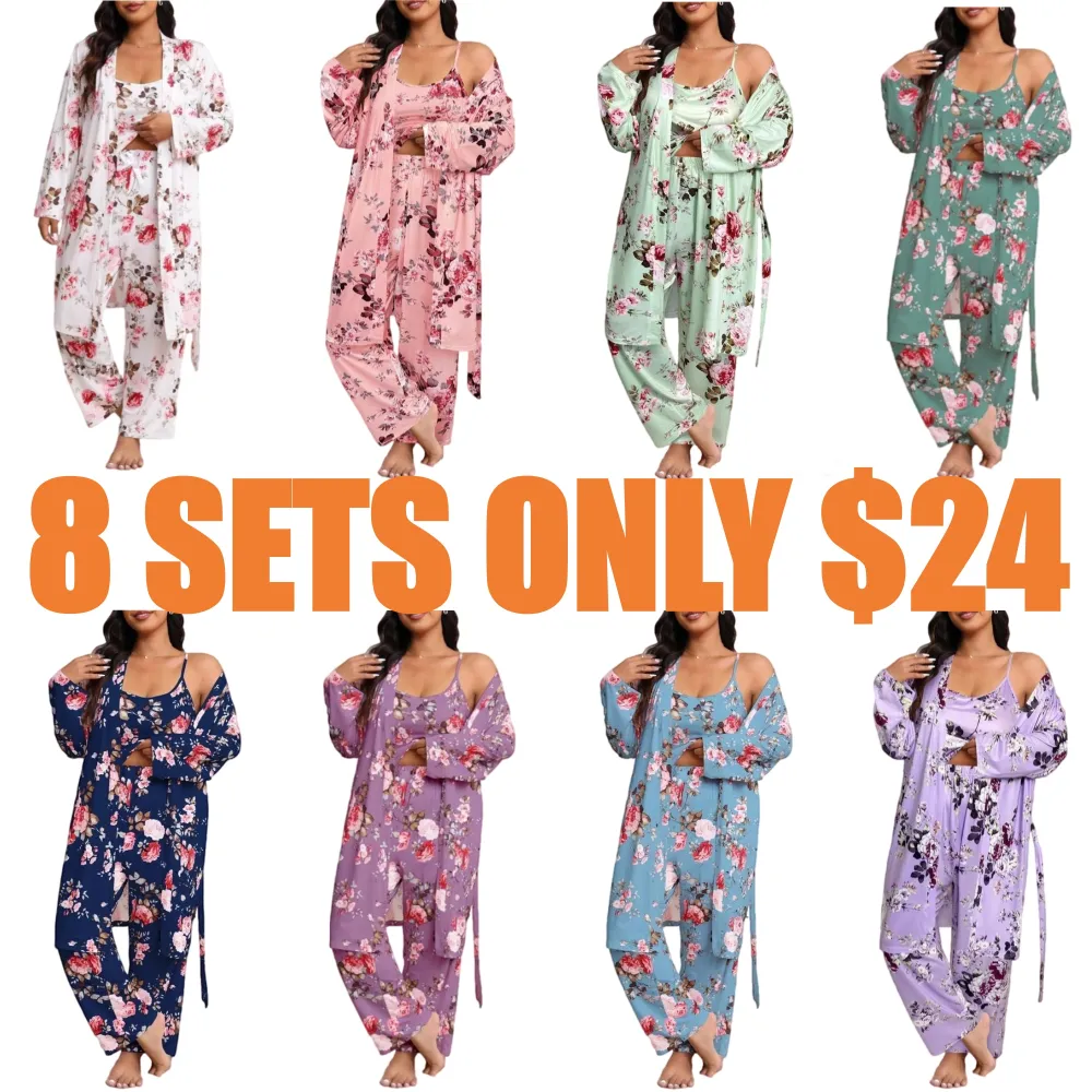 3-Piece Set Floral Print Belted Lounge Robe & Cami Top & Elastic