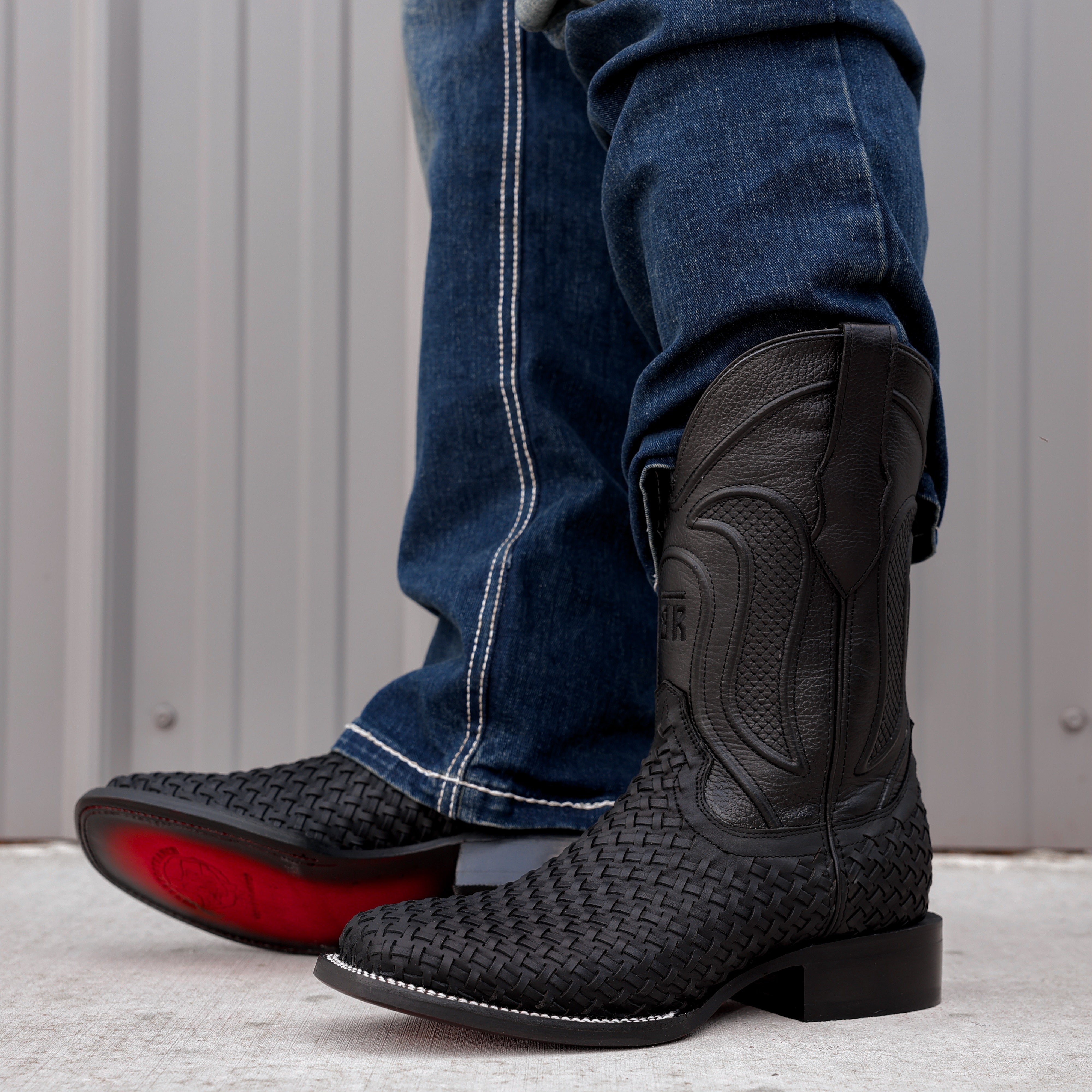 Black Basketweave Leather Boots - Square Toe