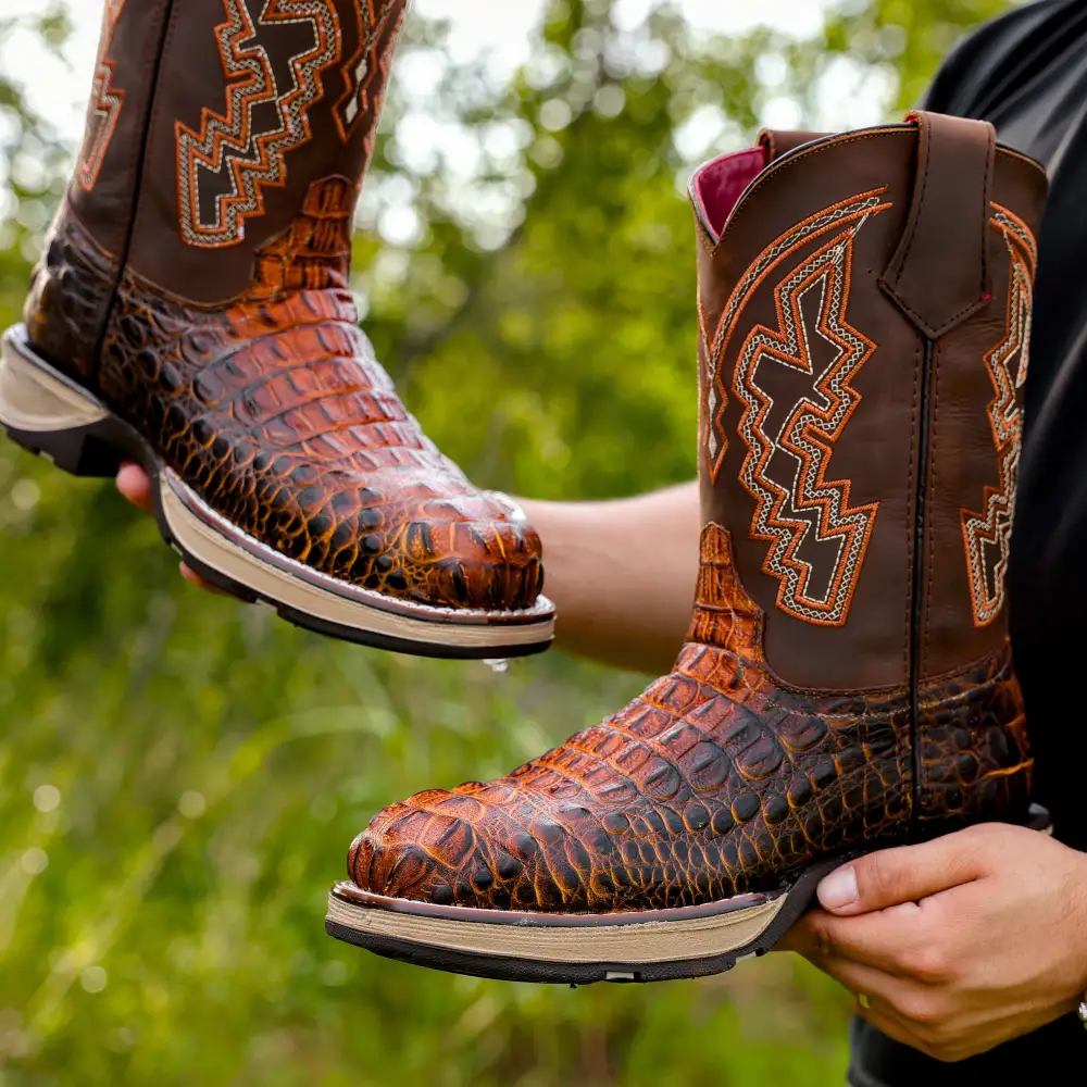Honey Cognac Caiman Neck Leather Boots With 3D Lightweight Sole - Composite Toe