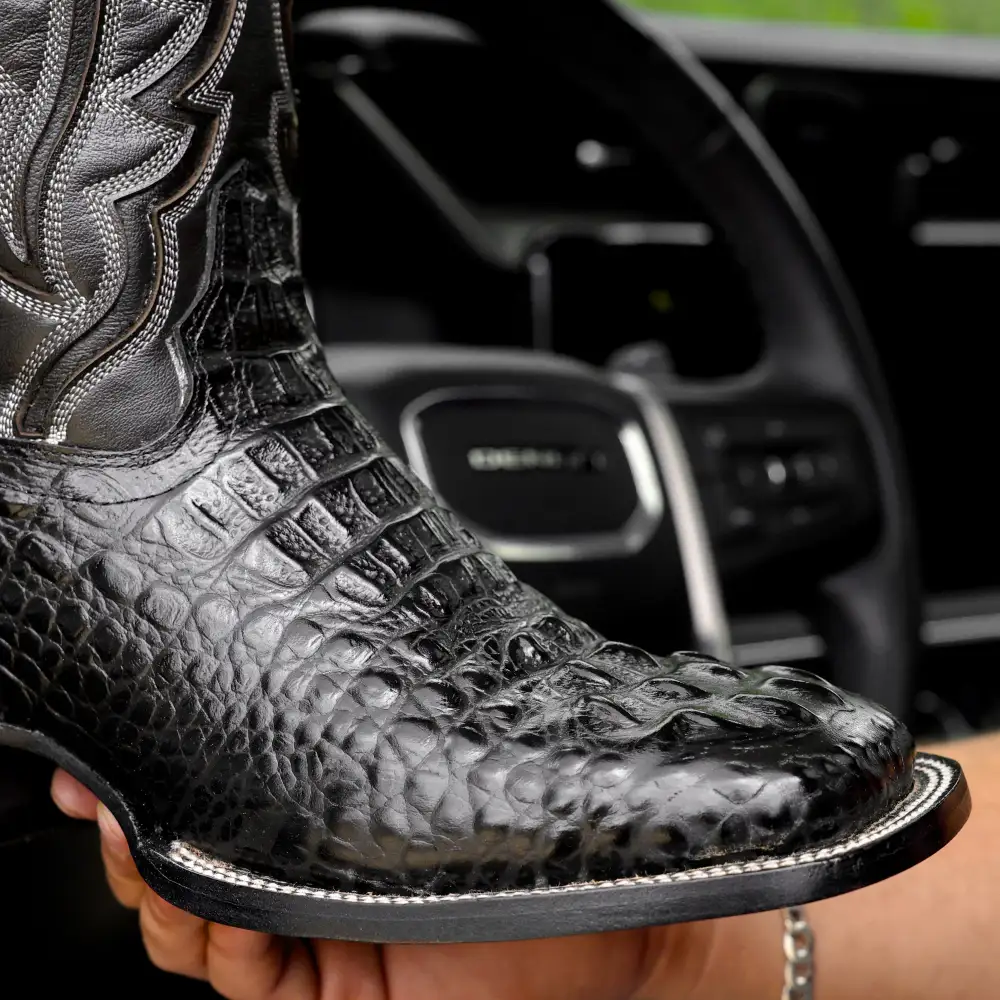 Black Caiman Neck Leather Boots - Square Toe
