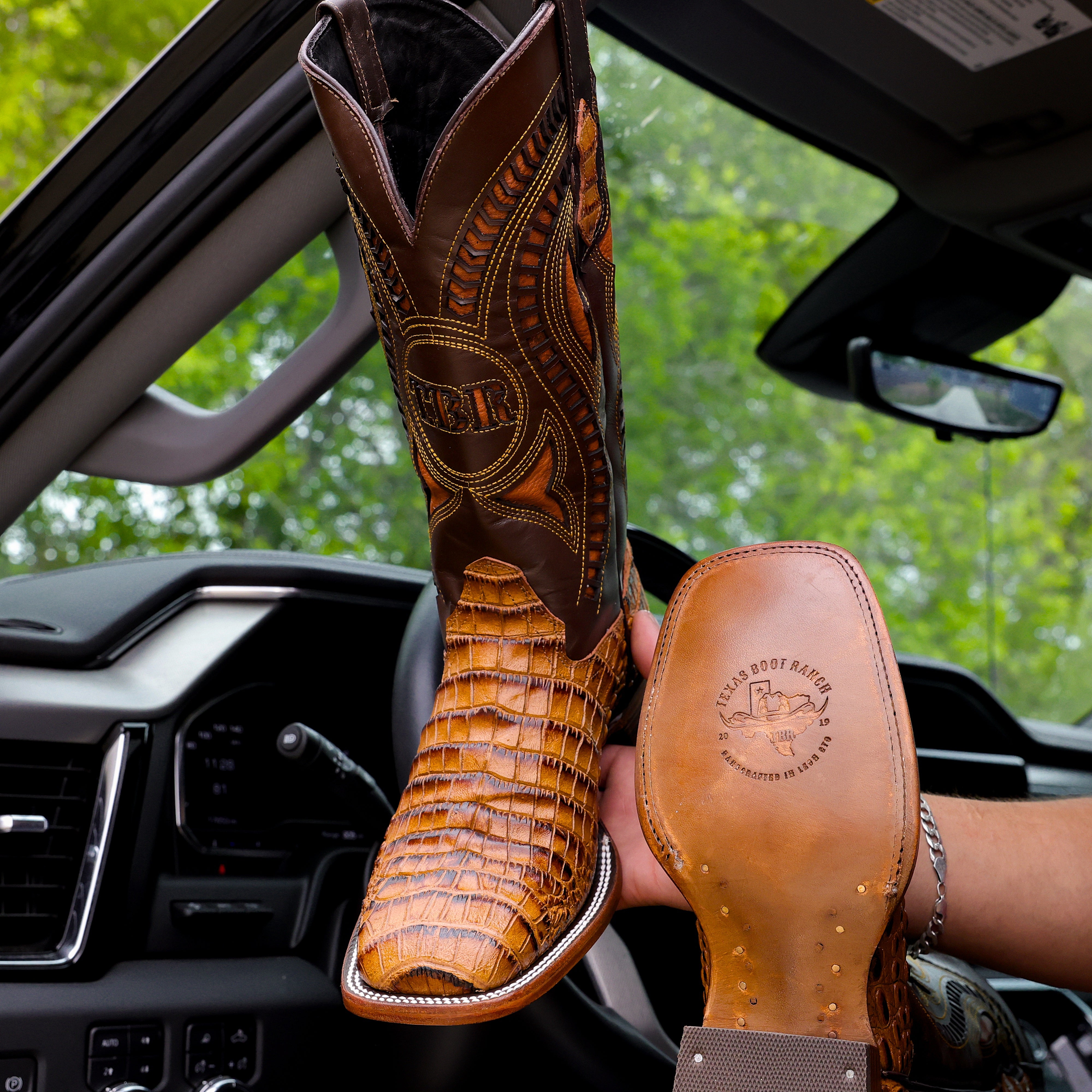 Honey Caiman Belly Leather Boots - Square Toe