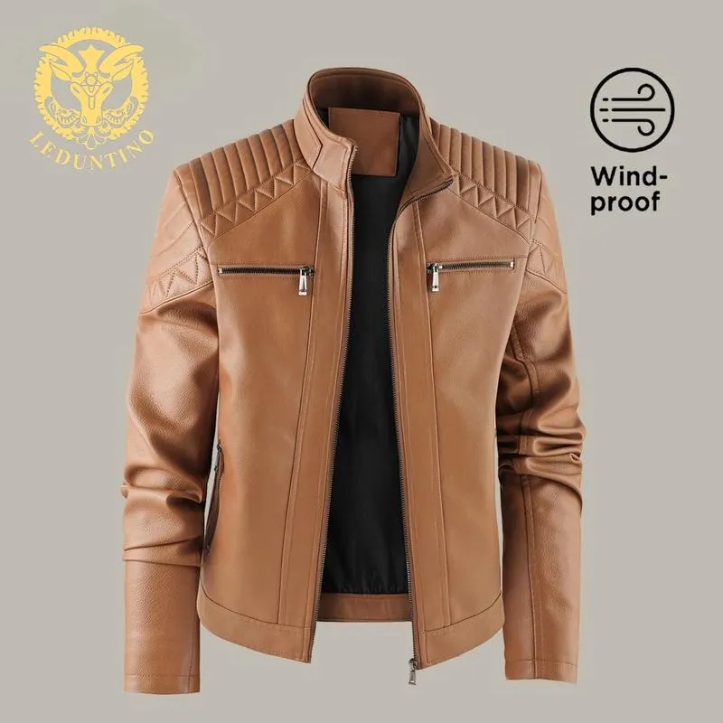 Men's Windproof Leather Jacket with Zipper Closure Solid Color Sport Style Pilot Motorcycle Model Multi
