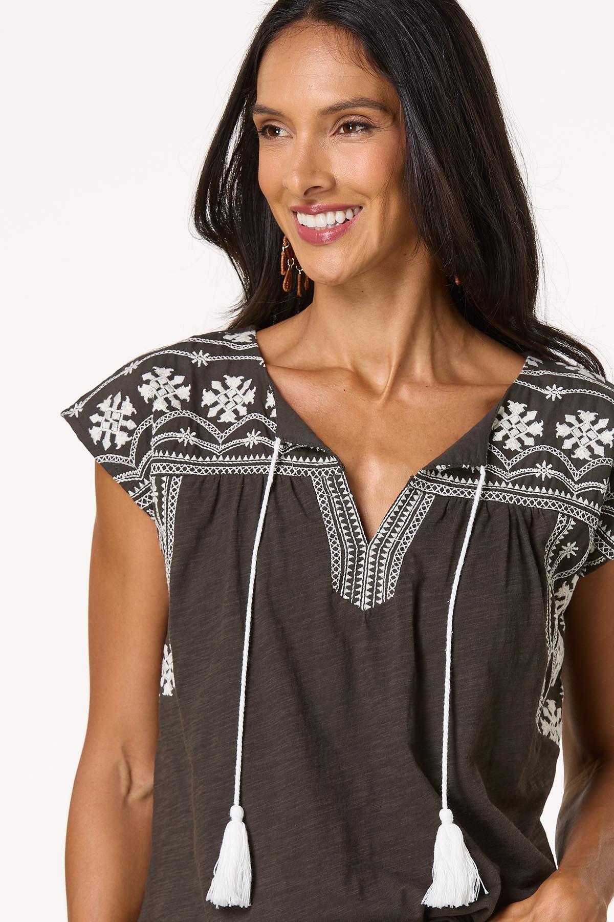 Tasseled Embroidered Shoulder Tee