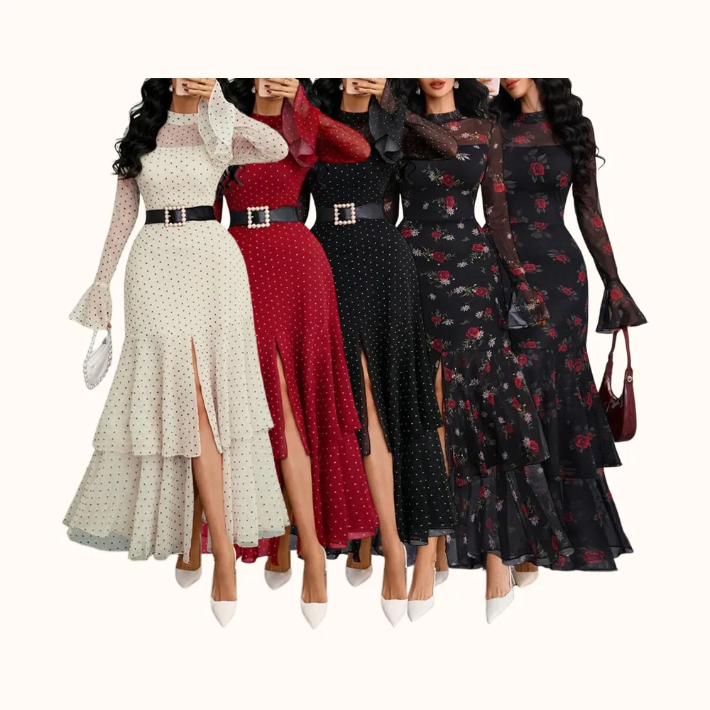 Women's Romantic Polka Dot Split Mesh Patchwork Layered Elegant Flared Skirt Dress