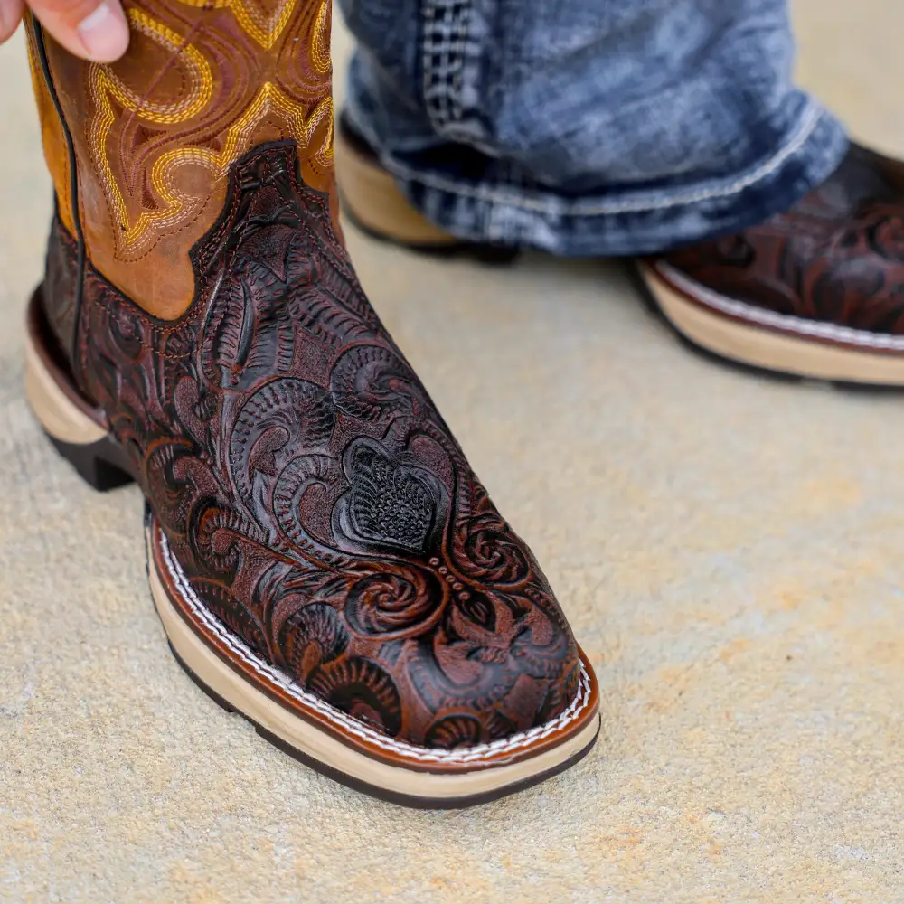 Brown Hand-Tooled Leather Boots With 3D Lightweight Sole - Composite Toe