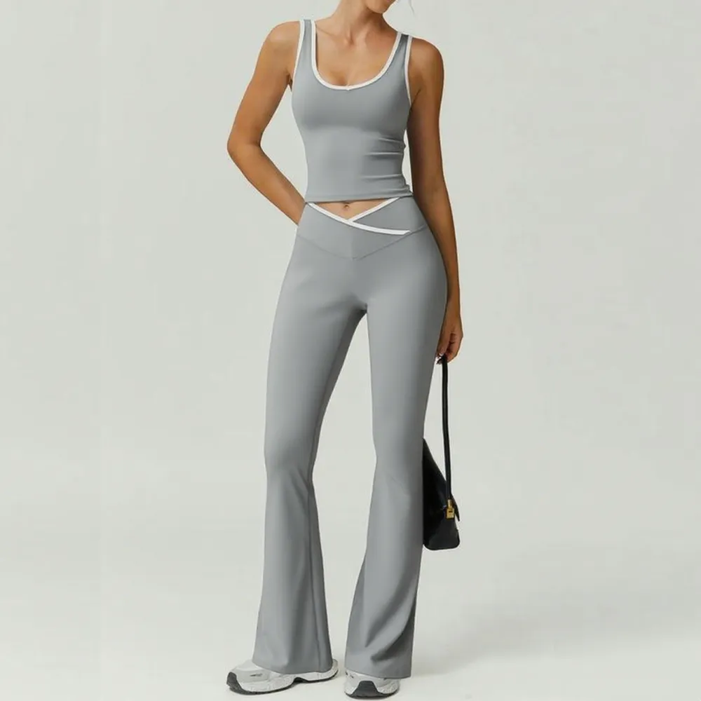 Womens Colorblock Tank Top & Flare Leg Pants Tracksuit Set