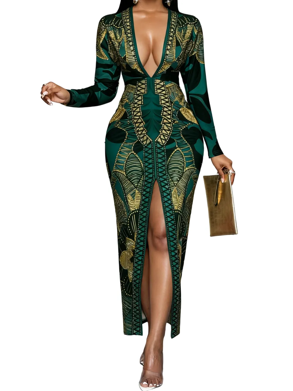 Women's All Over Print Deep V Neck Dress