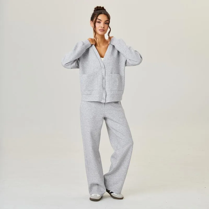 Women's Slouchy Solid Color V Neck Long Sleeve Button Cardigan & Drawstring Waist Trousers Co-ord
