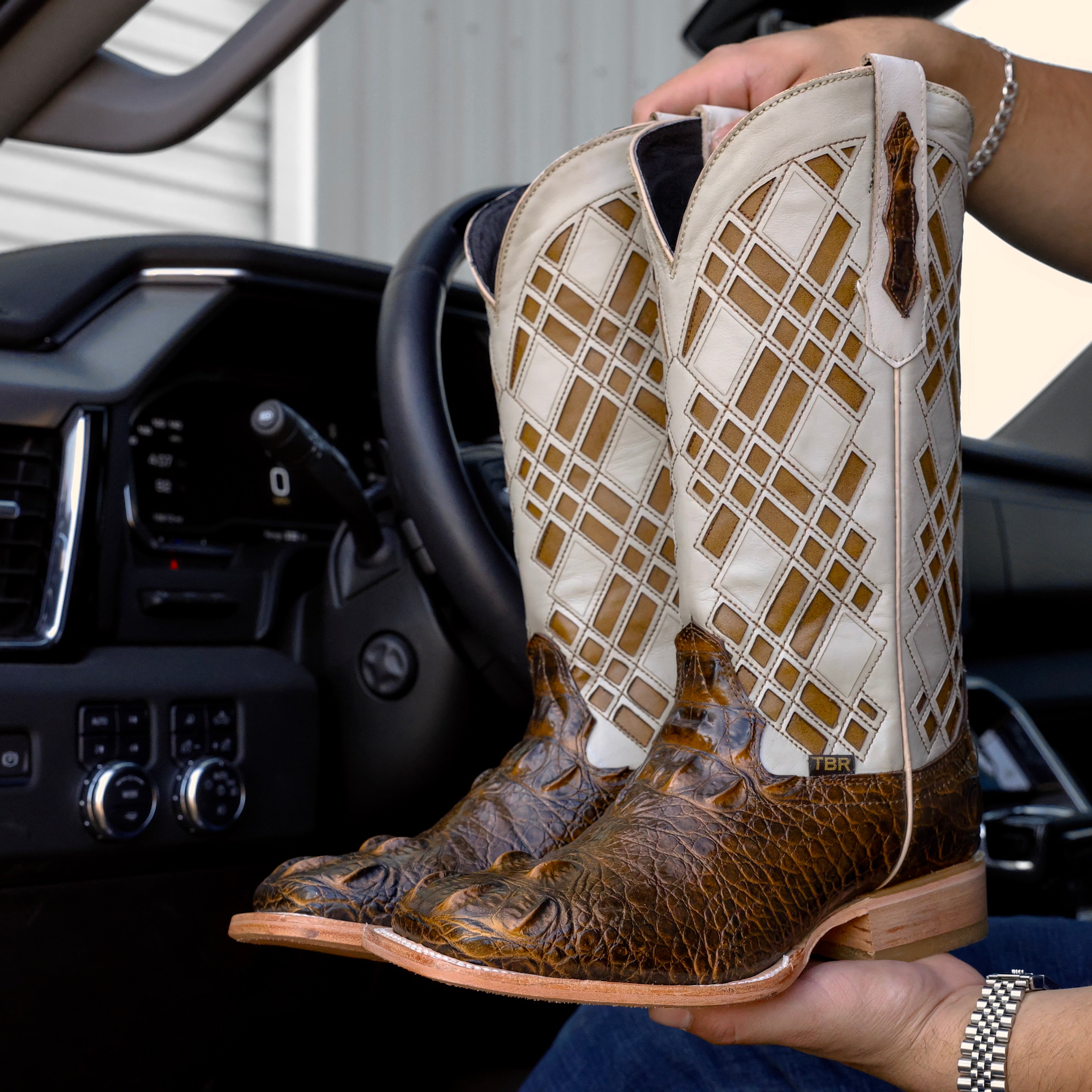 Honey Caiman Neck Leather Boots - Square Toe