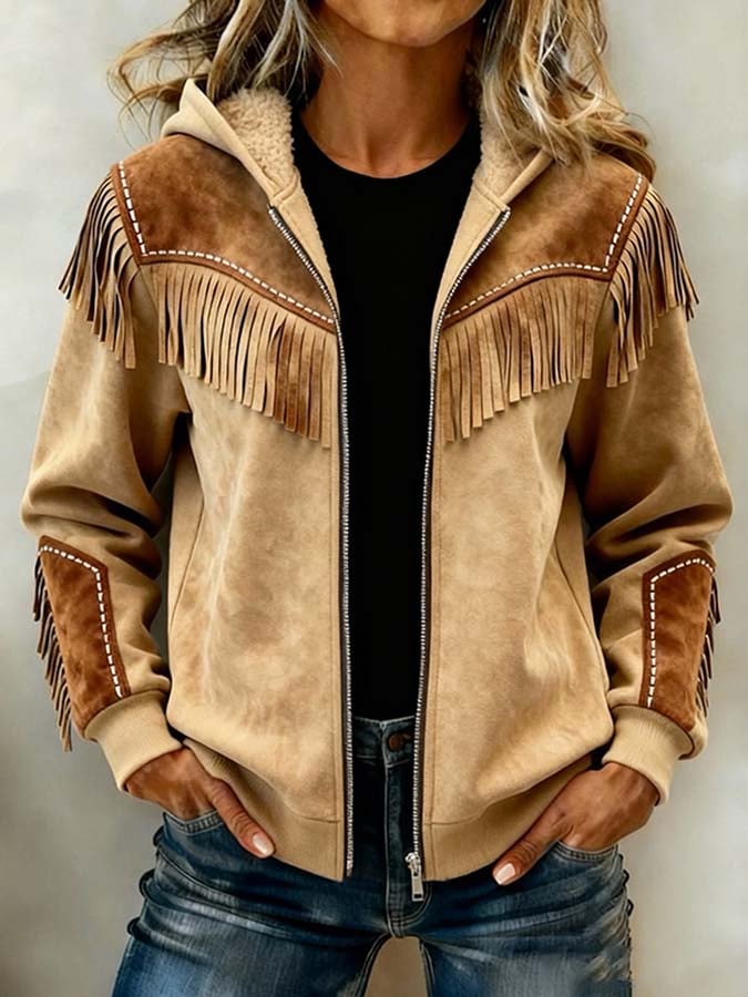 Women'S Casual Color Block Tassel Jacket