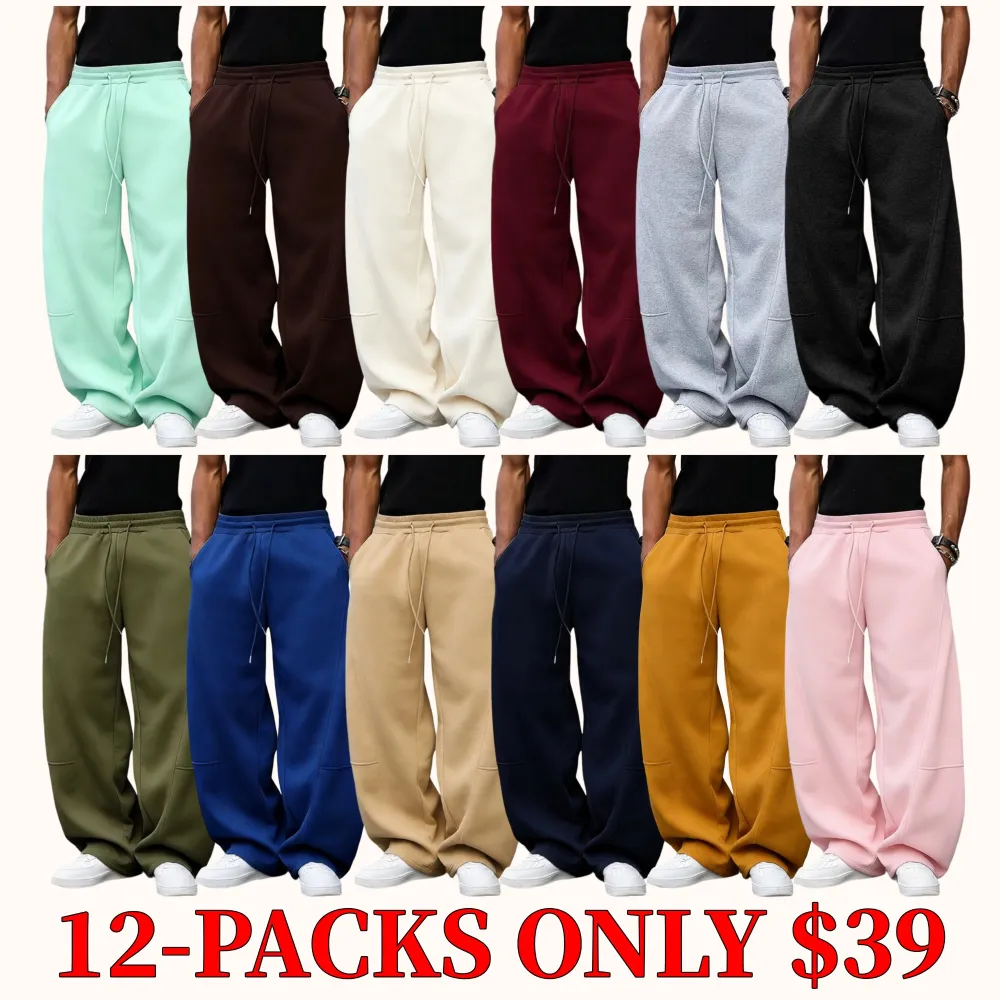 Men's unisex wide-leg sweatpants, loose and breathable polyester casual trousers with drawstring design, and solid color paneling