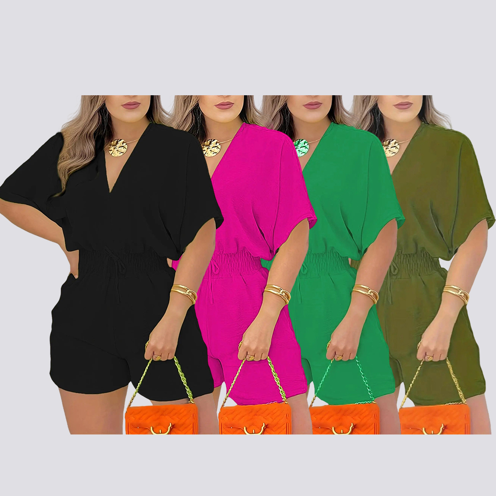 Women's Plain Drawstring Shirred Waist V Neck Romper