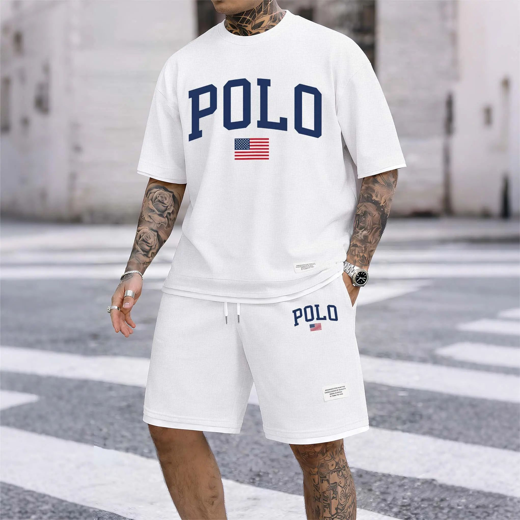 Men's Polo Print Drawstring Shorts Set For Spring/Summer