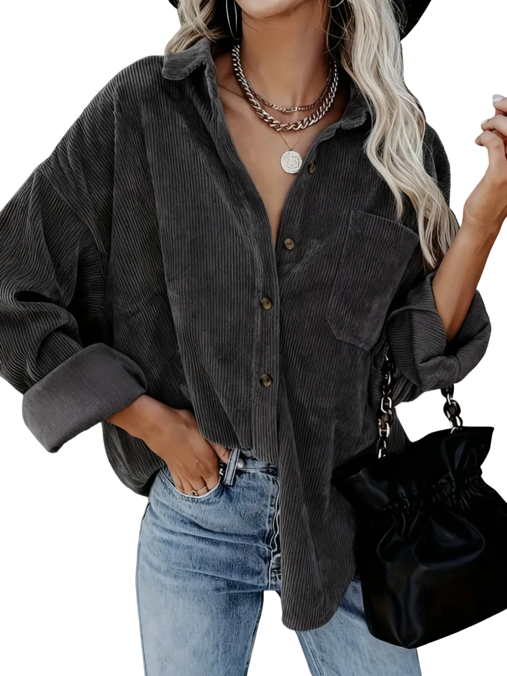 Women's Corduroy Shirt with Pocket Buttons and Front Opening