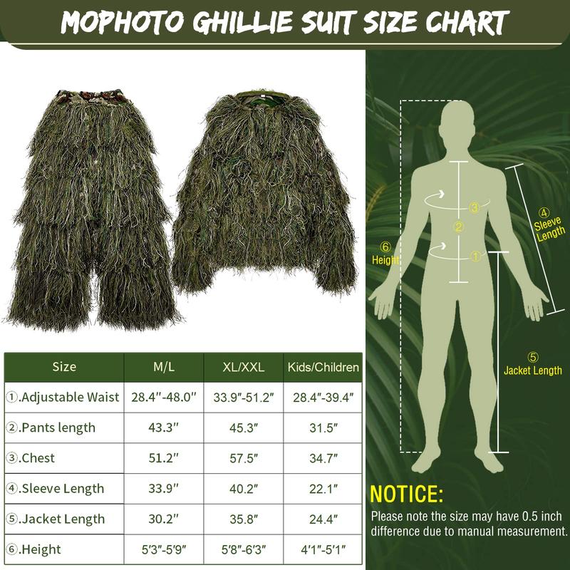 5 in 1 Ghillie Suit, 3D Camouflage Hunting Apparel Including Jacket, Pants, Hood, Carry Bag Suitable for Unisex Adults/Youth (S/M/L)