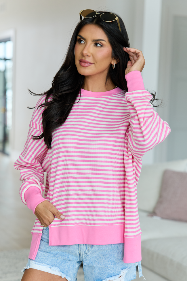 Kara Pink And White Stripe Waffle Pullover
