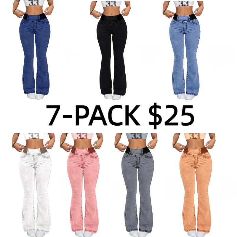 2026 Women's Back Shirred Jeans, Mid - Rise Elasticity Waist Flared Jeans, With Pockets